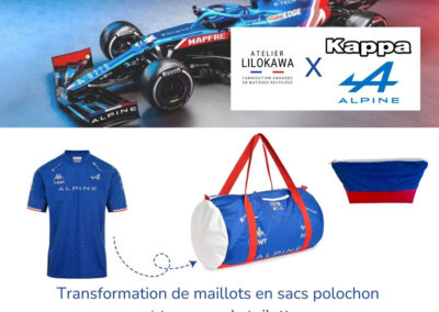 Transformation de maillots Alpine F1 Team et Kappa en sacs polochon et trousses de toilette upcyclés