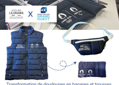 Transformation de doudounes Banque Populaire Grand Ouest Paris 2024 en bananes et trousses upcyclées