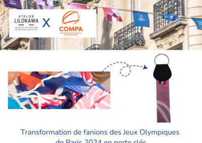 Transformation de fanions des Jeux Olympiques de Paris 2024 en porte-clés upcyclés pour la COMPA