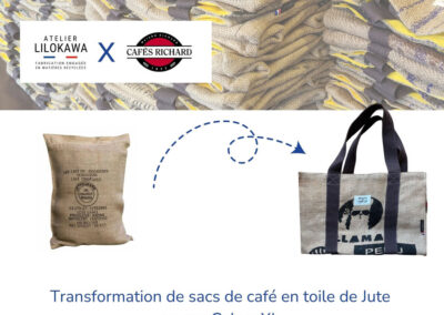 Transformation de sacs de café en toile de jute Cafés Richard en sacs cabas XL upcyclés fabriqués en France