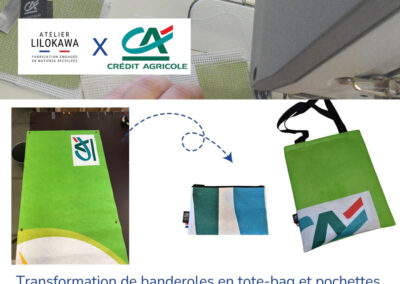 Transformation de banderoles Crédit Agricole en tote bags et pochettes upcyclés fabriqués en France