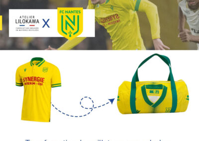 Transformation de maillots du FC Nantes en sacs polochon upcyclés fabriqués en France
