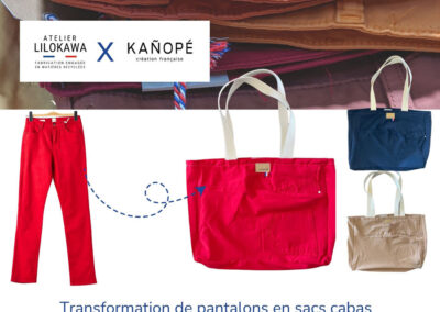 Transformation de pantalons Kanopé en sacs cabas upcyclés fabriqués en France