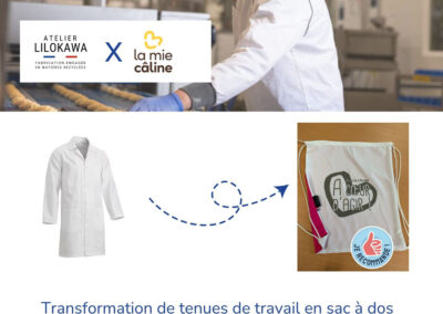 Transformation de tenues de travail La Mie Câline en sacs à dos upcyclés fabriqués en France