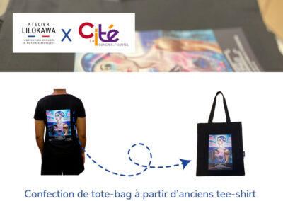 Transformation d'anciens tee-shirts de la Cité des Congrès de Nantes en tote bags upcyclés