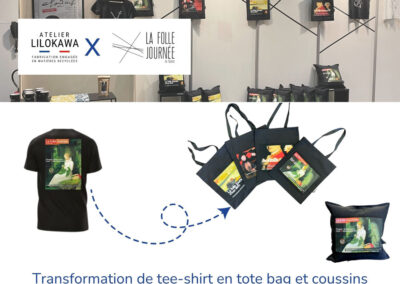 Transformation de tee-shirts La Folle Journée en tote bags et coussins upcyclés