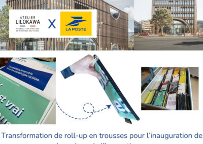 Transformation de roll-up La Poste en trousses upcyclées pour événement professionnel