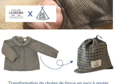 Transformation de chutes de tissus Lililotte en sacs à goûter upcyclés fabriqués en France