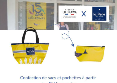 Transformation de PLV magasin La Perle des Dieux en sacs et pochettes upcyclés fabriqués en France