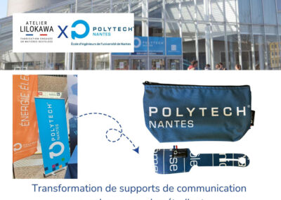Transformation de supports de communication Polytech Nantes en pochettes et porte-clés pour les étudiants