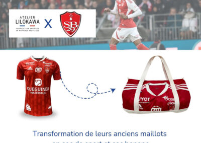 Transformation d'anciens maillots du Stade Brestois 29 en sacs de sport et sacs banane upcyclés fabriqués en France