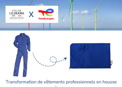 Transformation de vêtements professionnels TotalEnergies en housses d'ordinateur upcyclées fabriquées en France