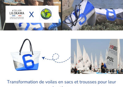 Transformation d'anciennes voiles de bateau Vausselia en sacs et trousses upcyclés fabriqués en France