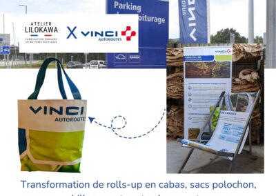 Transformation de roll-up Vinci Autoroutes en sacs cabas, sacs polochon, chiliennes et porte-documents