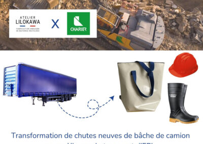 Transformation de chutes de bâches de camion Charier en sacs XL pour le transport d'équipements professionnels