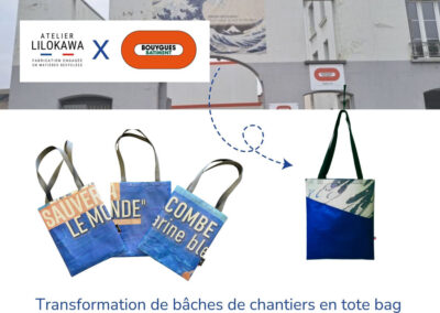 Transformation de bâches de chantier Bouygues Bâtiment en tote bags upcyclés fabriqués en France