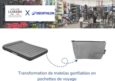Transformation de matelas gonflables Decathlon en pochettes de voyage upcyclées