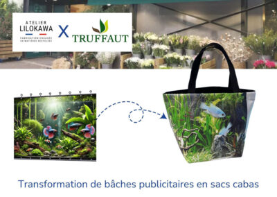 Transformation de bâches publicitaires Truffaut en sacs cabas fabriqués en France