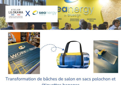 Transformation de bâches de salon Seanergy en sacs polochon et étiquettes bagages