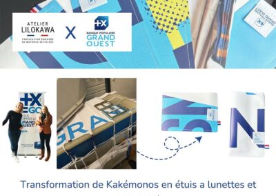 Étuis à lunettes et porte-passeports fabriqués à partir d’anciens kakémonos Banque Populaire Grand Ouest par Atelier Lilokawa