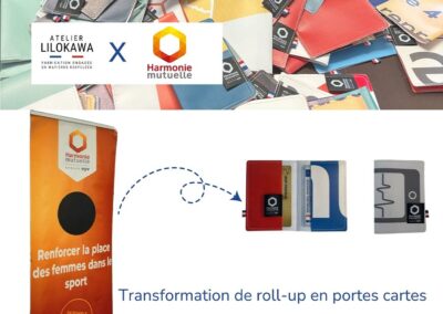 Porte-cartes personnalisés fabriqués à partir d’anciens roll-up Harmonie Mutuelle par Atelier Lilokawa