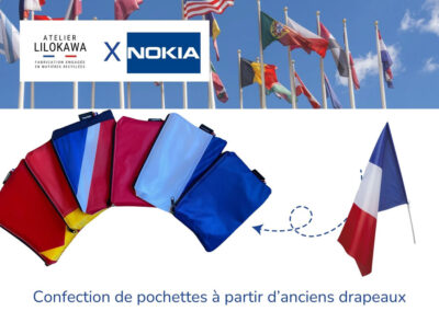 Transformation d'anciens drapeaux Nokia en pochettes upcyclées fabriquées en France